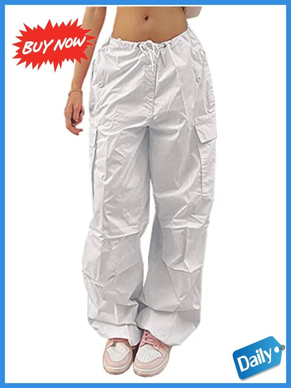LQI Parachute Pants Polyester Baggy Cargo Drawstring Low Rise Jogger